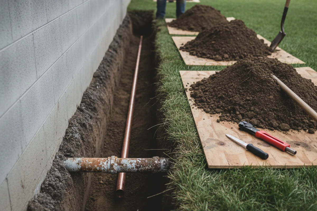 Excavated water line trench during Water Softener Installation in Powell Butte